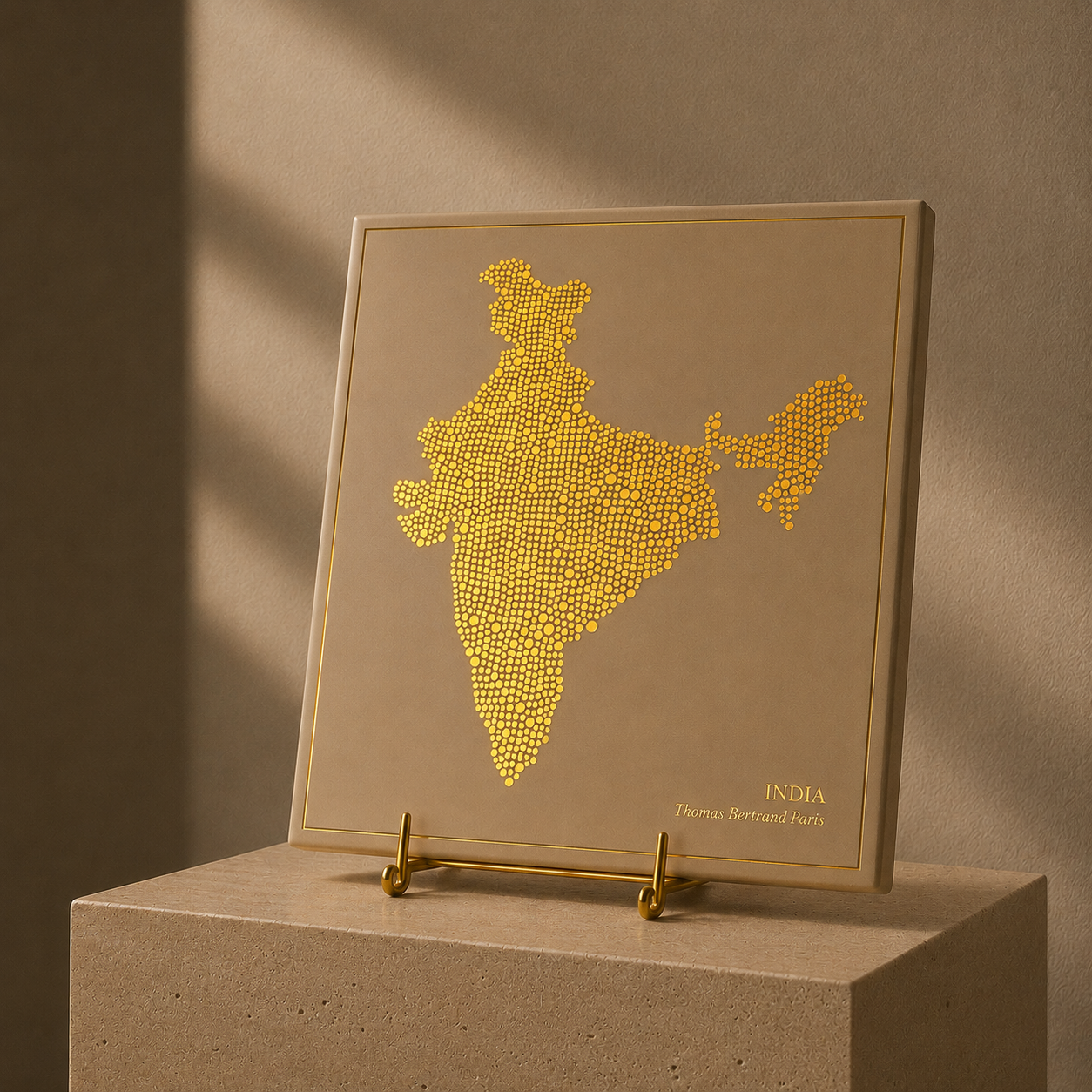 Ceramic tile - India in gold with inscription / Thomas Bertrand Paris